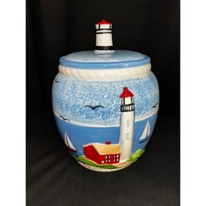 Casa Vero Hand Painted Lighthouse Cookie Jar with Lid Nautical Beach Decor